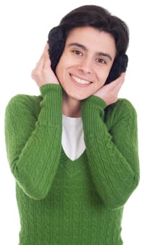 smiling casual woman with ear muffs isolated on white background