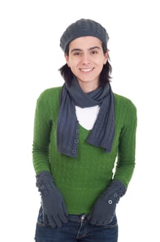 lovely winter woman portrait with scarf, gloves and hat (isolated on white background)