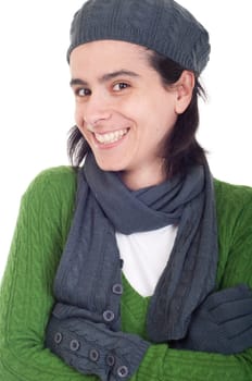 freezing winter woman portrait with scarf, gloves and hat (isolated on white background)