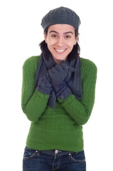 freezing winter woman portrait with scarf, gloves and hat (isolated on white background)