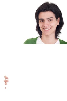 smiling casual woman displaying a banner ad isolated on white background