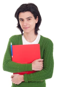 smiling woman student holding dossier (isolated on white background)