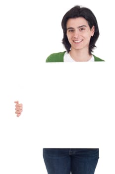 smiling casual woman displaying a banner ad isolated on white background