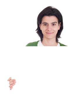 smiling casual woman displaying a banner ad isolated on white background