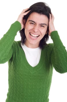 stressed casual woman on pullover isolated on white background