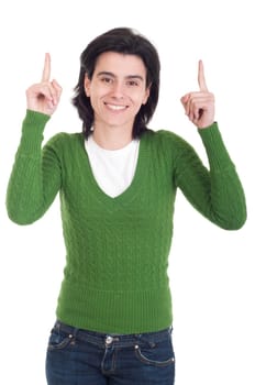 smiling casual woman pointing up isolated on white background