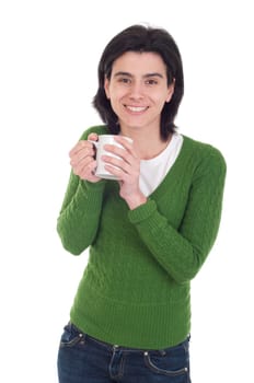 smiling casual woman holding coffee/tea mug (isolated on white background)
