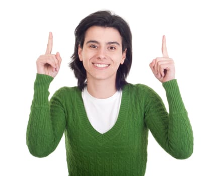 smiling casual woman pointing up isolated on white background