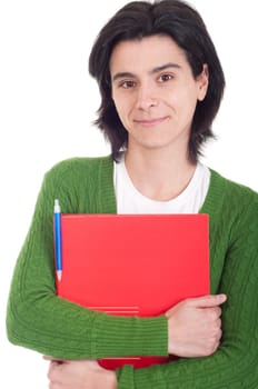 smiling woman student holding dossier (isolated on white background)