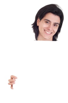 smiling casual woman displaying a banner ad isolated on white background