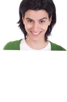 smiling casual woman displaying a banner ad isolated on white background