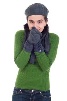 freezing winter woman portrait with scarf, gloves and hat (isolated on white background)