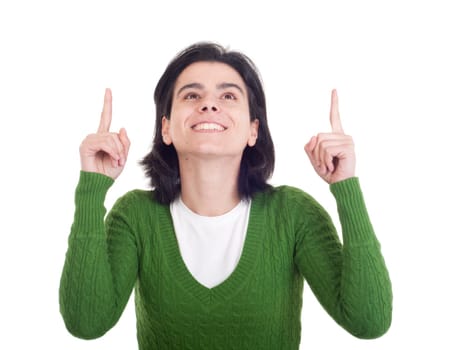 smiling casual woman pointing up isolated on white background