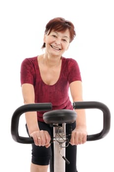Spinning - smiling senior woman - isolated
