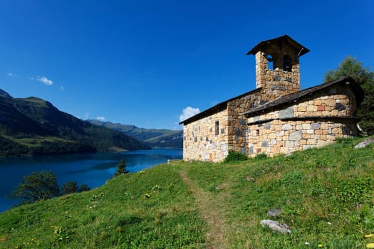lake, chapel and blue sky