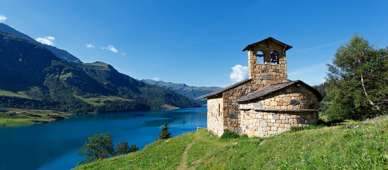 chapel and lake panoramic