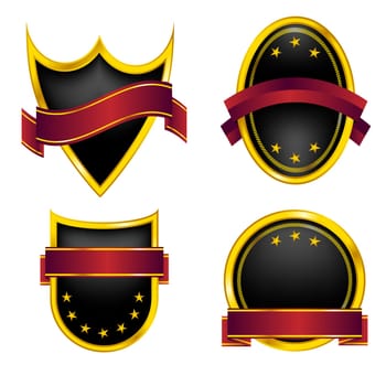 Set of Black and Golden Emblems With Red Ribbon