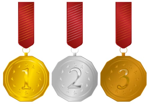 Set of Golden, Silver and Bronze Medals with Ribbons