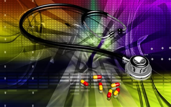 Digital illustration of stethoscope and capsule in colour background