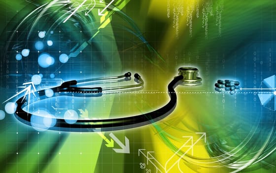 Digital illustration of stethoscope and capsule in colour background