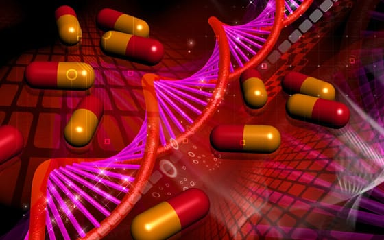 Digital illustration DNA structure and Capsule in colour background