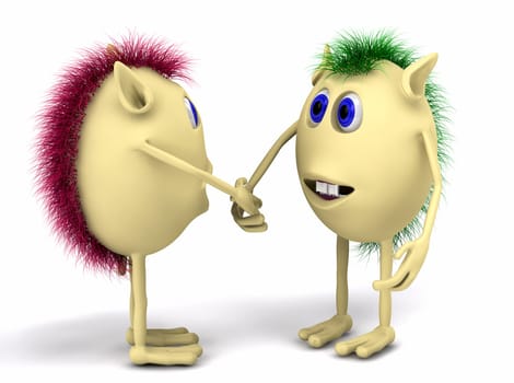 3d two funny character puppets shaking hands