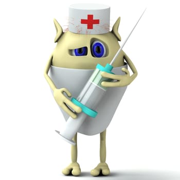 3d character puppet doctor is holding syringe