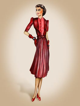 Retro style 1940s inspired fashion illustration