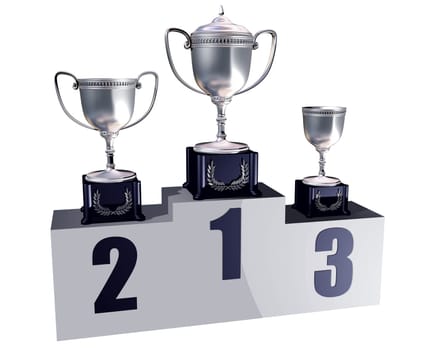 Illustration of highly polished trophies on a podium showing first, second and third places