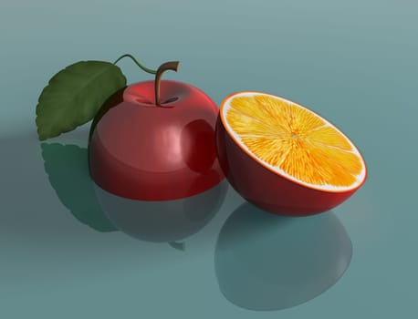 Illustration of a genetically engineered apple with the juice of an orange