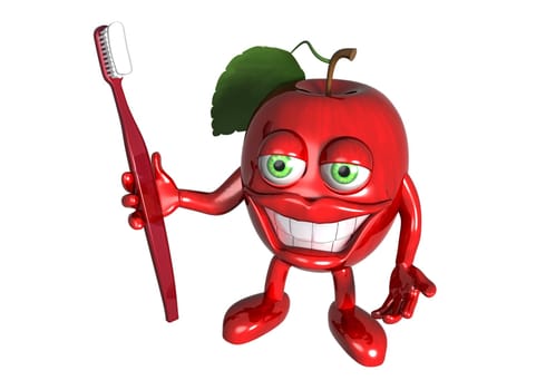 Isolated illustration of a cartoon red apple with a big toothbrush and white teeth