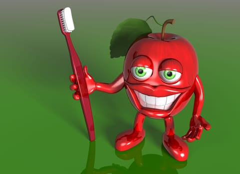 Illustration of a cartoon red apple with a big toothbrush and white teeth