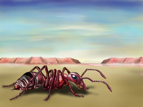 Surreal illustration of an ant in a desert landscape