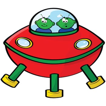 Cartoon illustration of a flying sauce with two green aliens