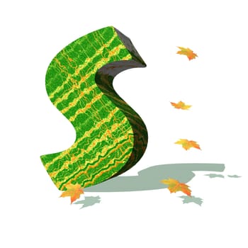 Green ecological S capital letter surrounded by few autumn falling leaves in a white background with shadows