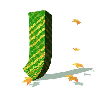 Green ecological J capital letter surrounded by few autumn falling leaves in a white background with shadows