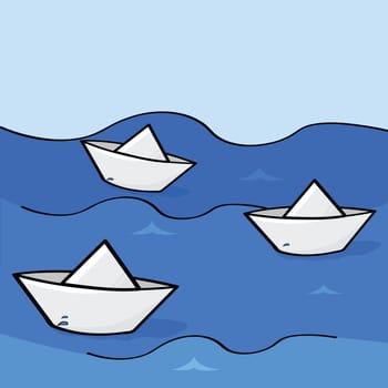 Cartoon illustration of three paper boats floating down the water