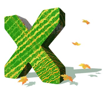 Green ecological X capital letter surrounded by few autumn falling leaves in a white background with shadows