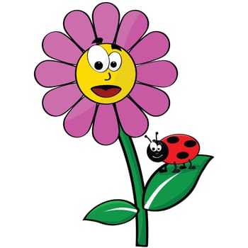 Cartoon illustration showing a happy flower and a ladybug