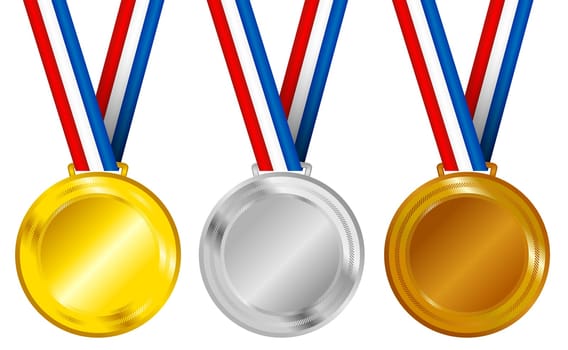 Set of Golden, Silver and Bronze Medals with Ribbons