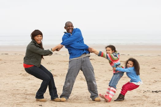 Family Having Fun On Winter Beach