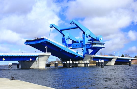 Wolgast lift bridge,called the "Blue Wonder"",over the Peenestrom to the island of Usedom"