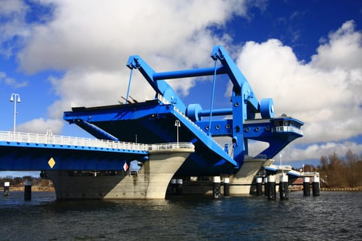 Wolgast lift bridge,called the "Blue Wonder"",over the Peenestrom to the island of Usedom"
