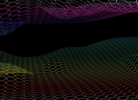 Illustration of a futuristic rainbow colored landscape on black background