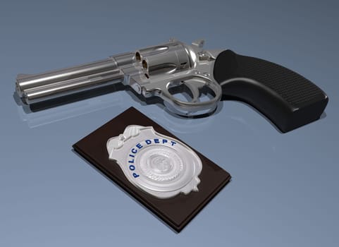 Illustration of a police badge and police gun on a blue surface