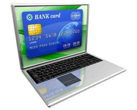 Isolated illustration of a laptop with a credit card on the screen depicting online banking or purchasing on the Internet