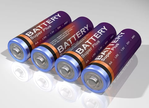 Illustration of four batteries lying together on a reflective surface