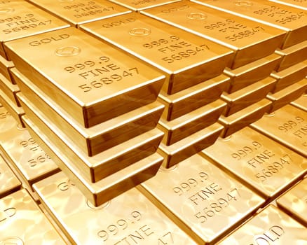 Stacks of pure gold bars on piles of bullion