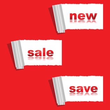 Concept illustration showing a ripped red paper with messages for &#039 new,&#039  &#039 sale,&#039  and &#039 save&#039  underneath