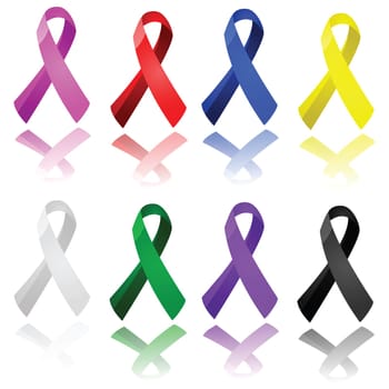 Set of glossy ribbons in different colors, to raise awareness for different causes